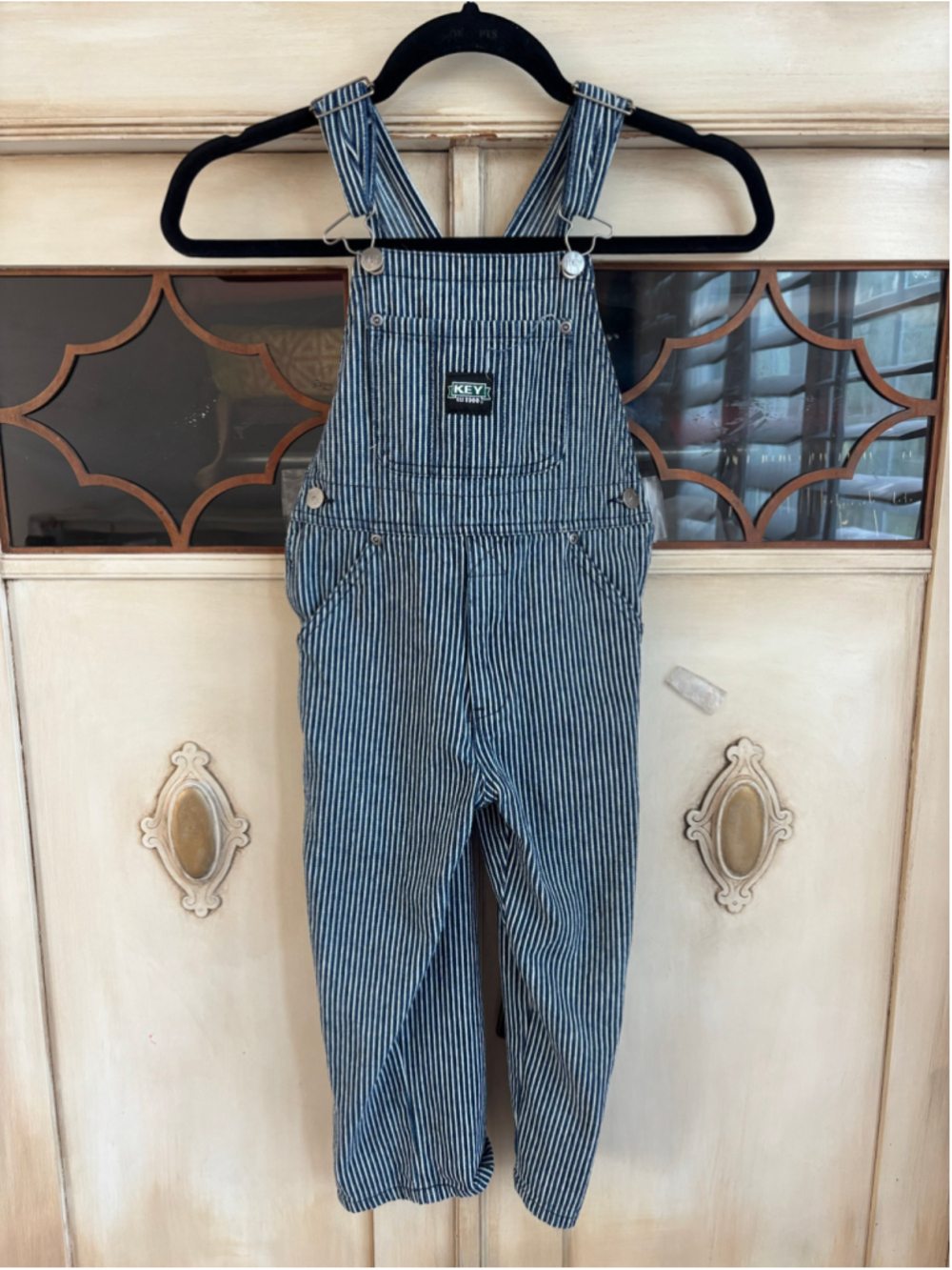 NWOT Key Toddler Tobacco Stripe Denim Overalls Coveralls Blue White Stripe 4T